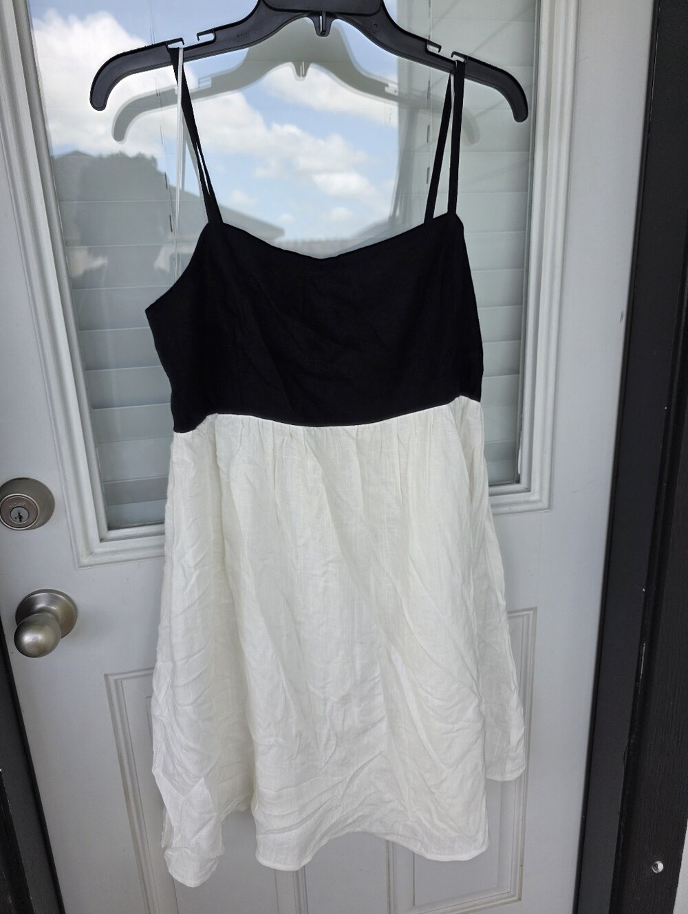 1.STATE Colorblock Midi Dress Large Black White Linen Blend Sundress Spaghetti - Picture 3 of 10
